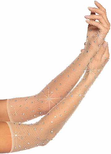 Nude Rhinestone Fishnet Opera Length Gloves